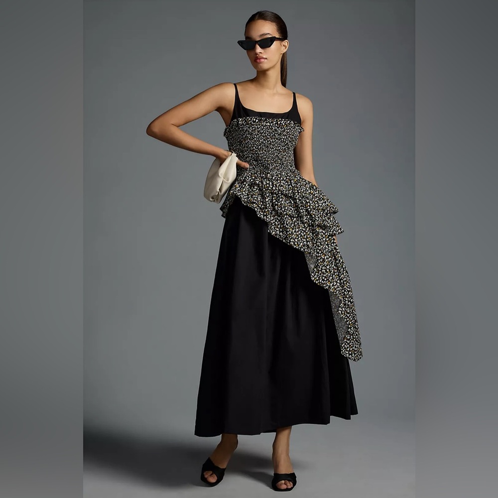 Allina Liu Diana Smocked Ruffled Two-Tone Midi Floral Dress